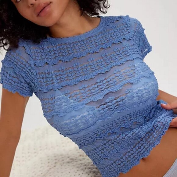 Free People Angelina Lace Tee Allure Blue Striped Short Sleeve Blouse Top XS - Picture 1 of 5